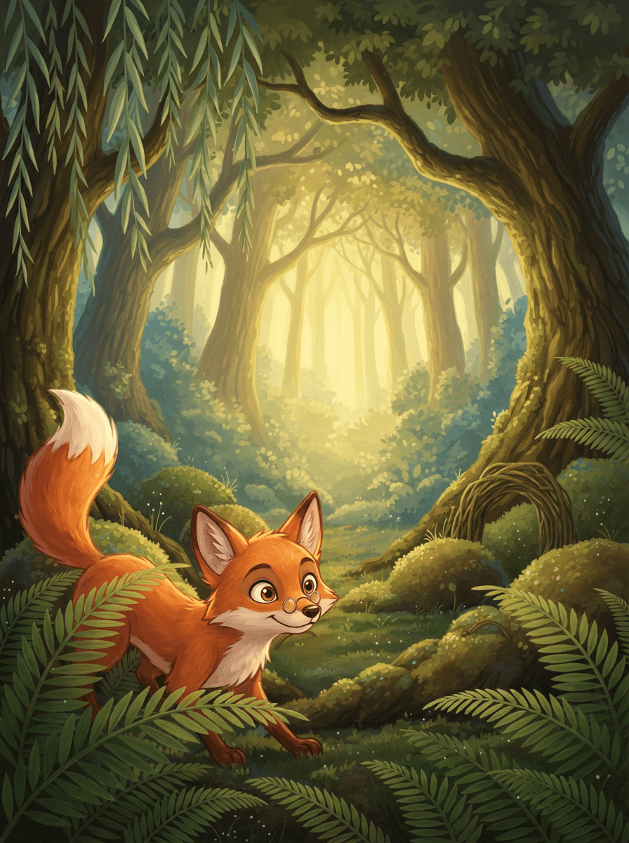 Lištička Eliška s detektivním pohledem pátrá v mechu uprostřed Šeptajícího hvozdu.