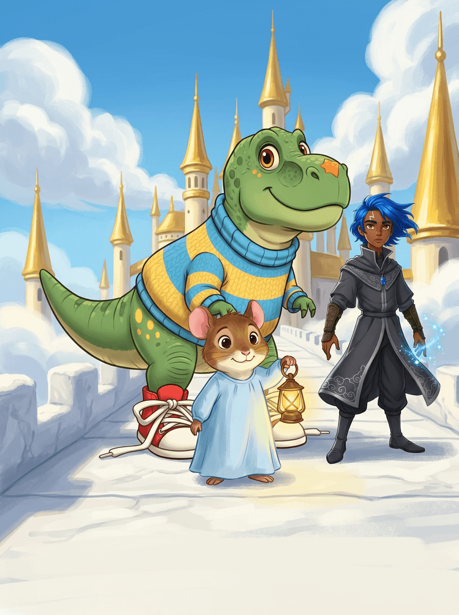 Rex der Dinosaurier und seine Freunde vor dem majestätischen Wolkenschloss.