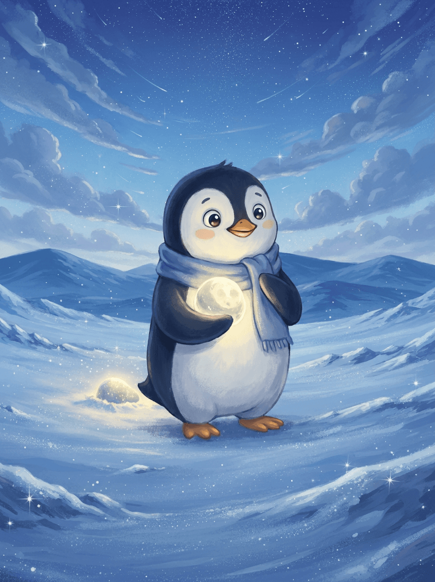 Tiny penguin Pip holding a glowing pebble in a snowy blue landscape.
