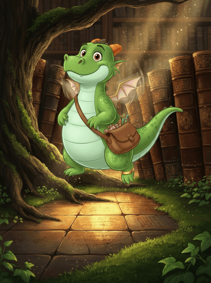 O dragãozinho verde Zog usa uma coroa de ouro na floresta.