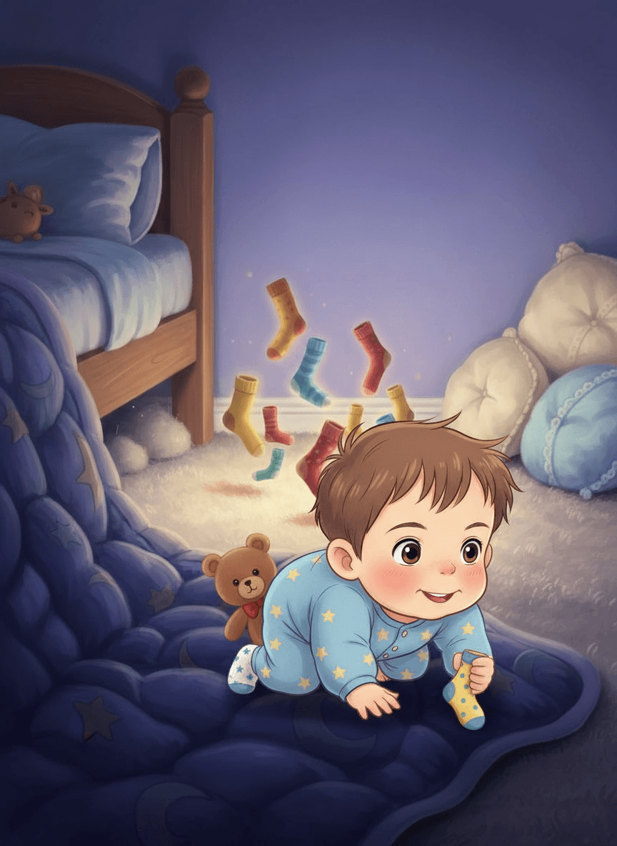 El pequeño detective Leo gateando valientemente bajo su cama buscando su calcetín.