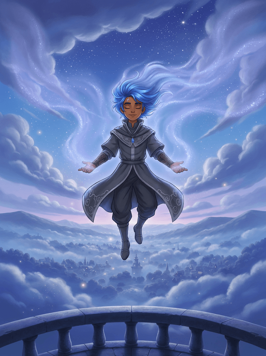 Ryu the wizard with glowing blue hair overlooking a peaceful town.