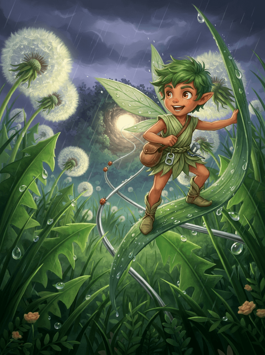 Sprite Barnaby attaches high-tech silver zip-lines to garden plants during a storm.
