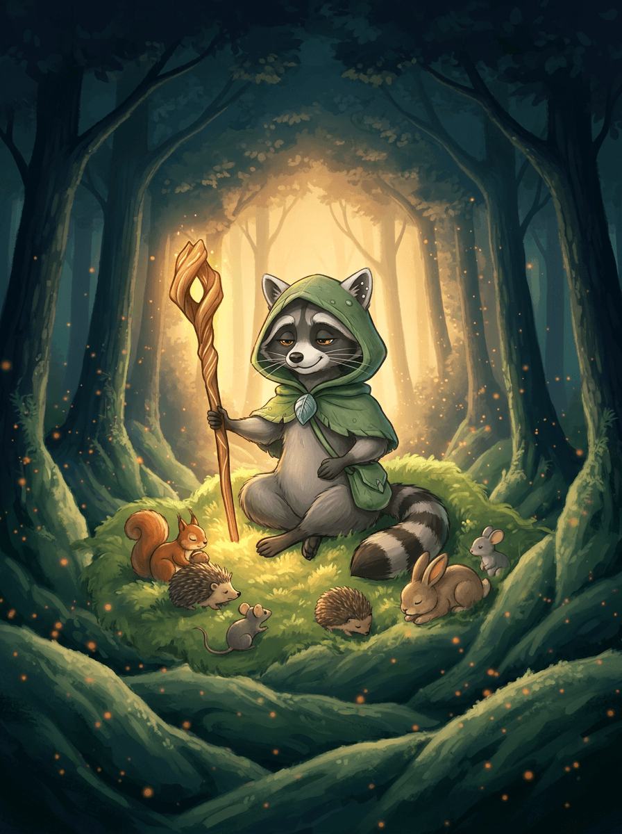 Kleiner Waschbär Raccoon wandert mit grünem Umhang und Leuchtstab durch den Wald.