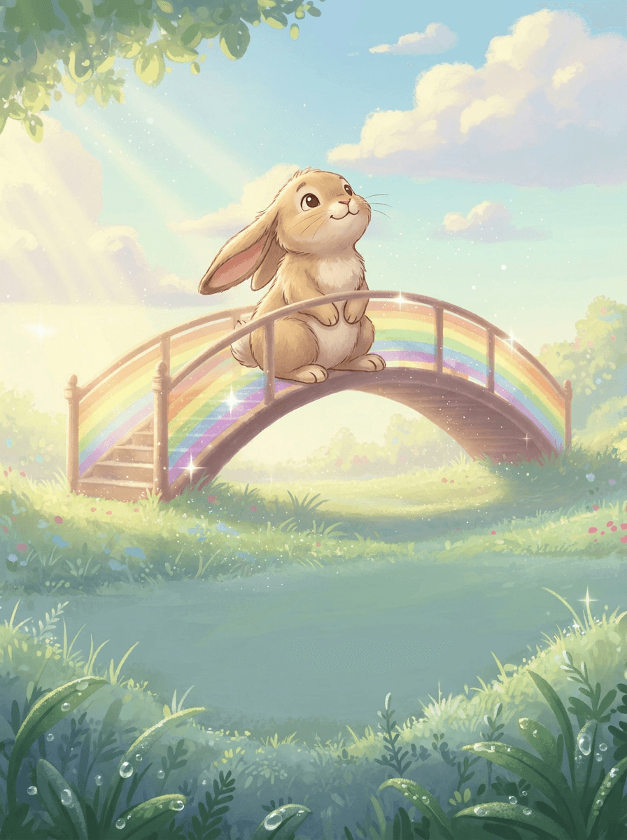 Barnaby the fluffy bunny and Mariposa the butterfly atop a rainbow.