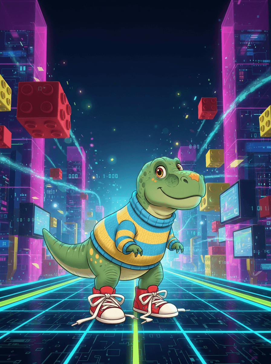 Dinosaurus Rex v pruhovaném svetru a neonových brýlích v digitálním městě.