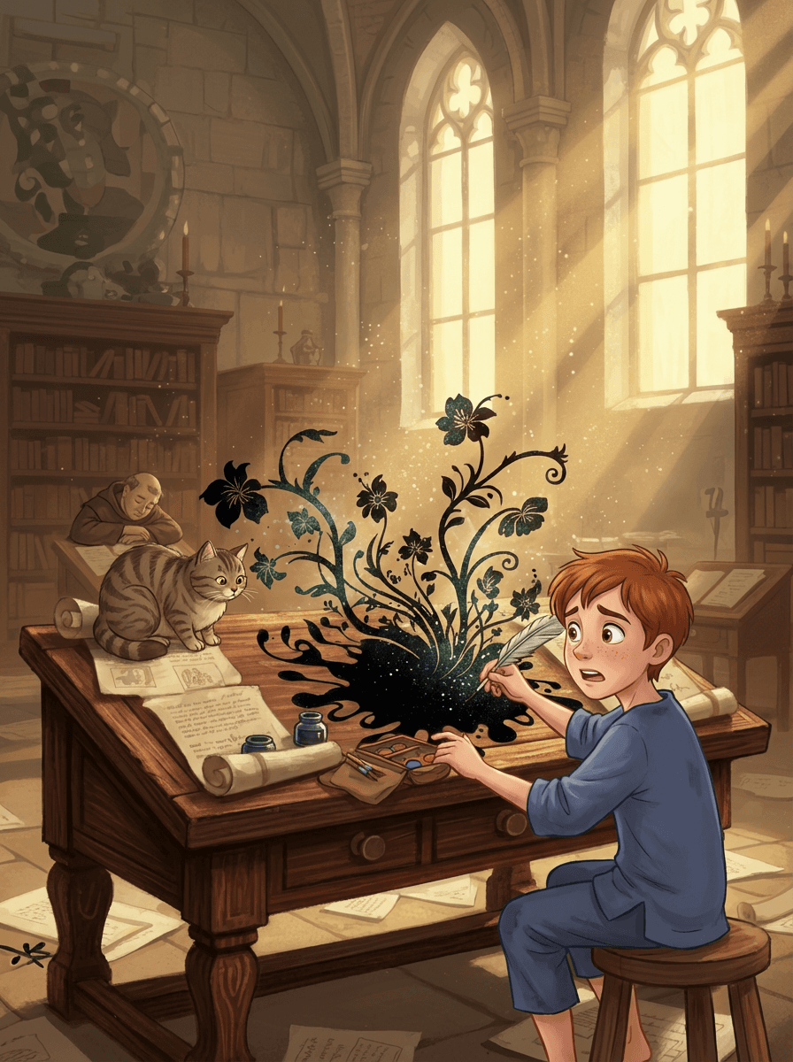 Mladý písař Jindřich u dřevěného stolu v klášterní knihovně s kaňkou.