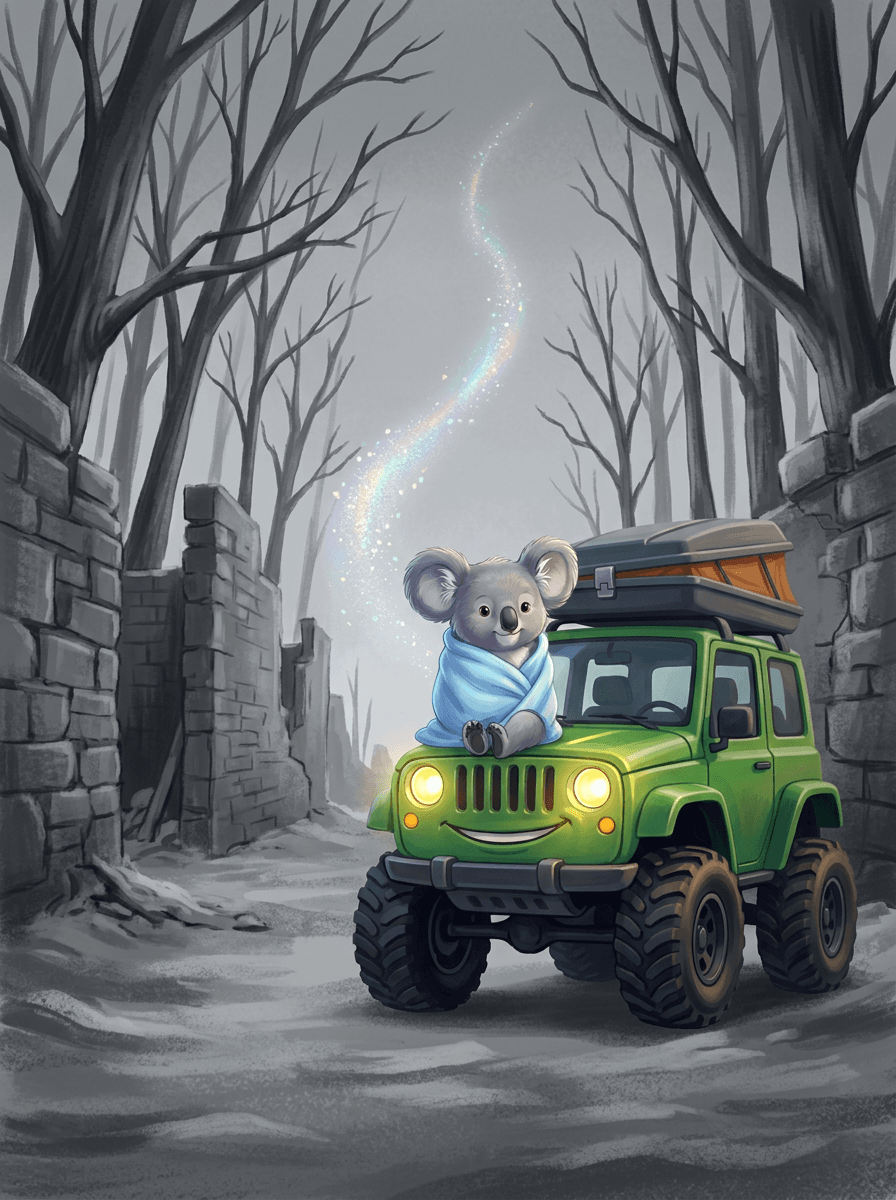 Koala Mimi and Kody the green vehicle trekking through gray jagged mountains.