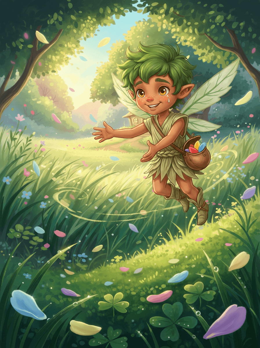Barnaby le petit lutin aux ailes de feuilles dans son jardin.