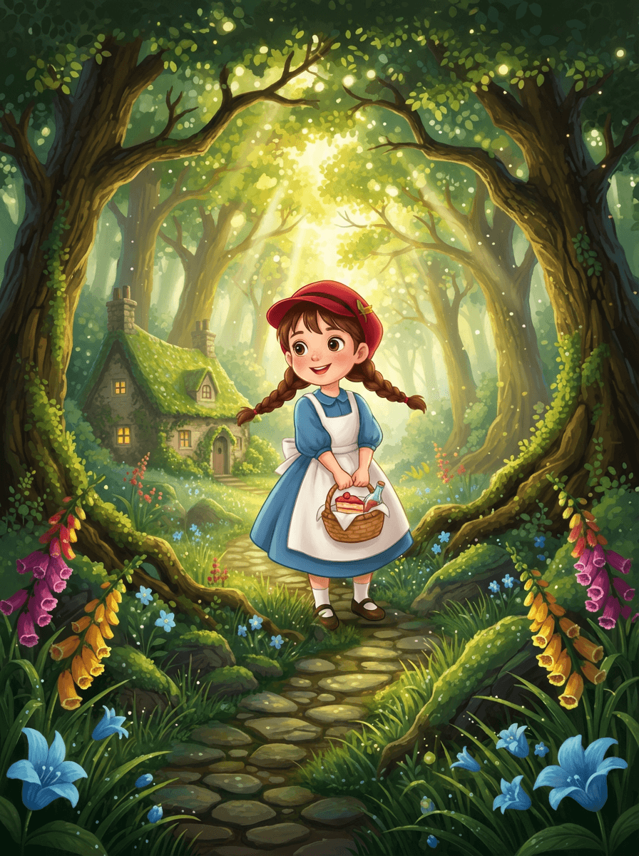 Little Red-Cap wearing a red velvet hood walking through the sunny woods.