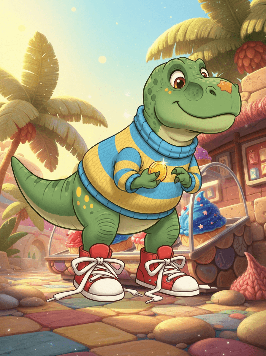 Dinosauren Rex i stribet trøje vælger is foran et magisk ismejeri.