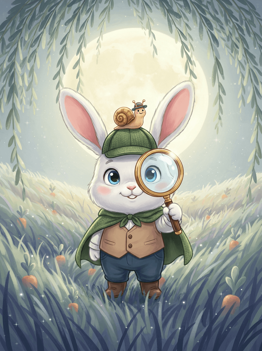 Detective Bunny holds a magnifying glass near a trail of carrots.
