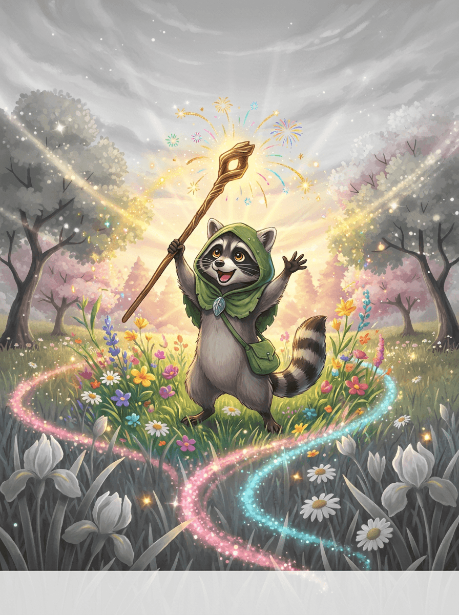 Mýval Raccoon v zelenej kapucni drží čarovnú palicu v rozkvitnutom lese.