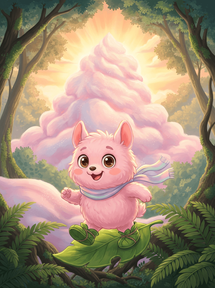 Fluffy en un bosque mágico frente a una montaña de algodón de azúcar.