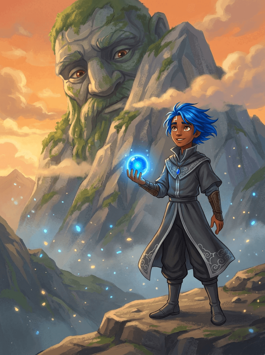 Ryu the blue-haired mage helps a giant mountain Golem wear glasses.