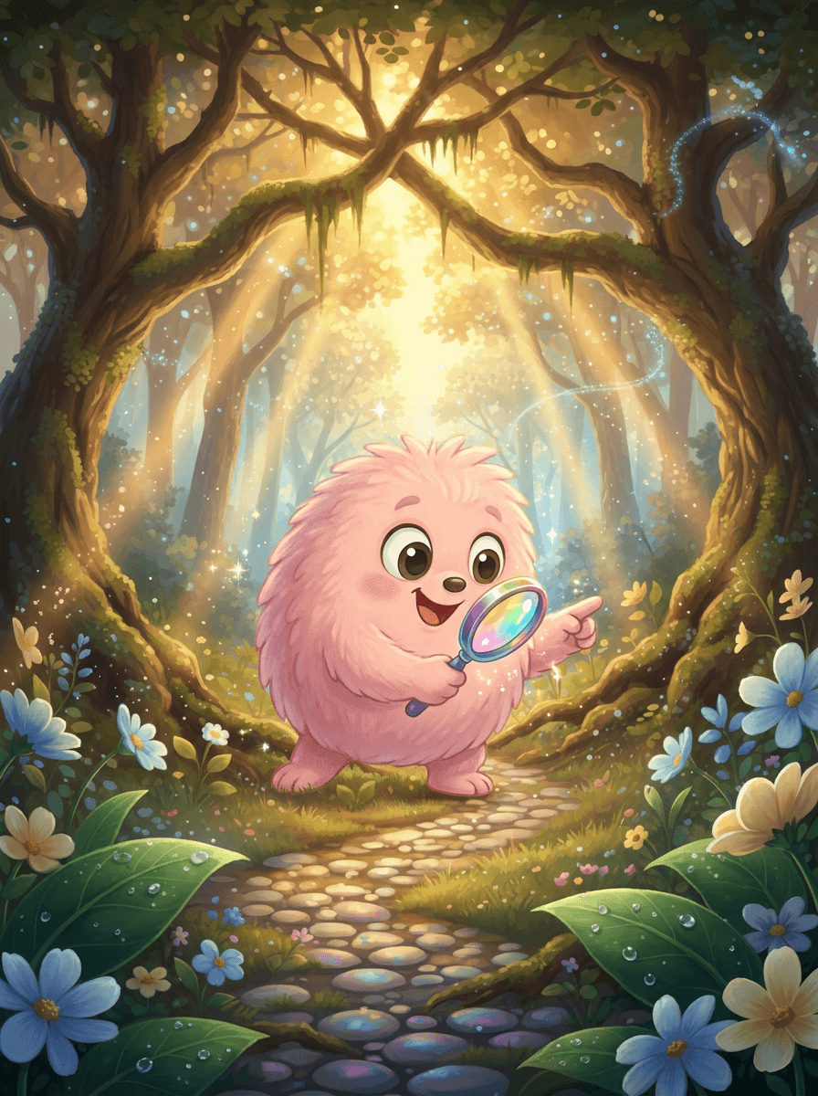 Детектив Fluffy с лупой в руках ищет улики в сказочном лесу.