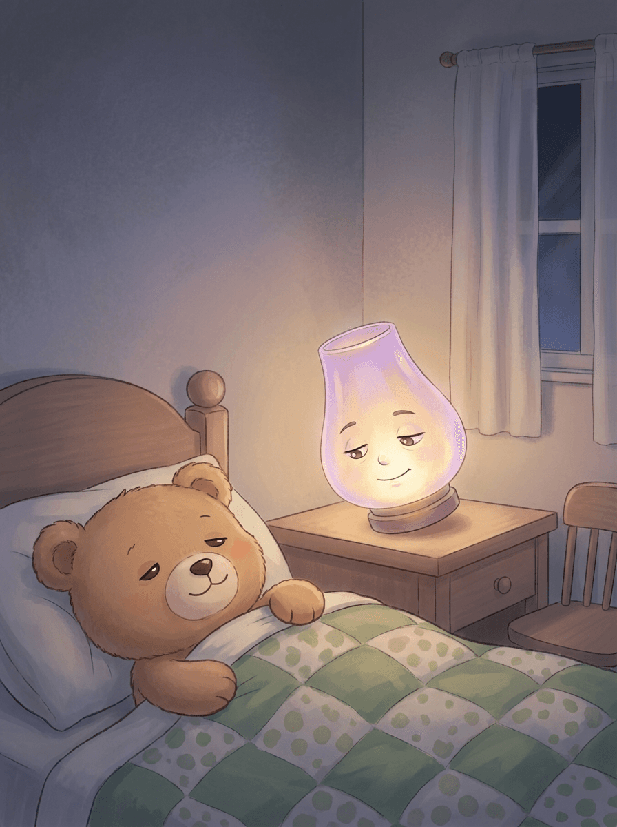 Chytrá lampička Světluška svítí u postýlky spícího plyšového Medvídka.