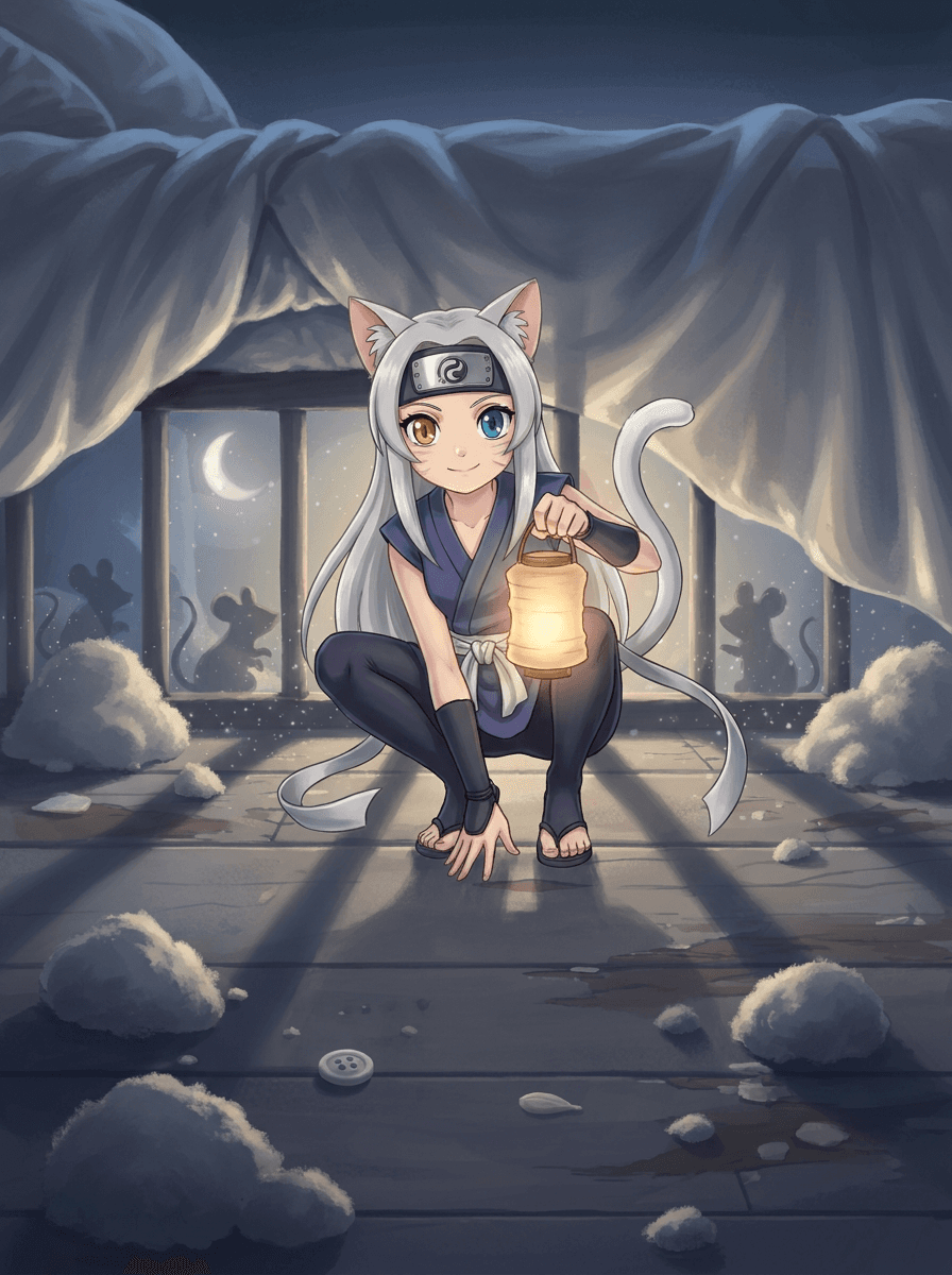 Shiki la niña ninja con orejas de gato bajo su cama.
