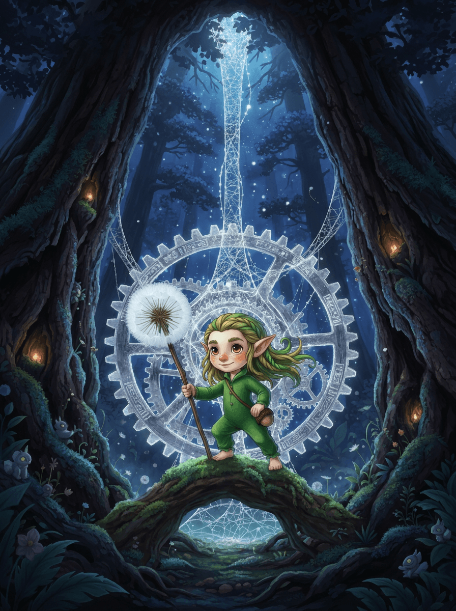 Wood elf Twig standing by a giant clock inside a sequoia tree.