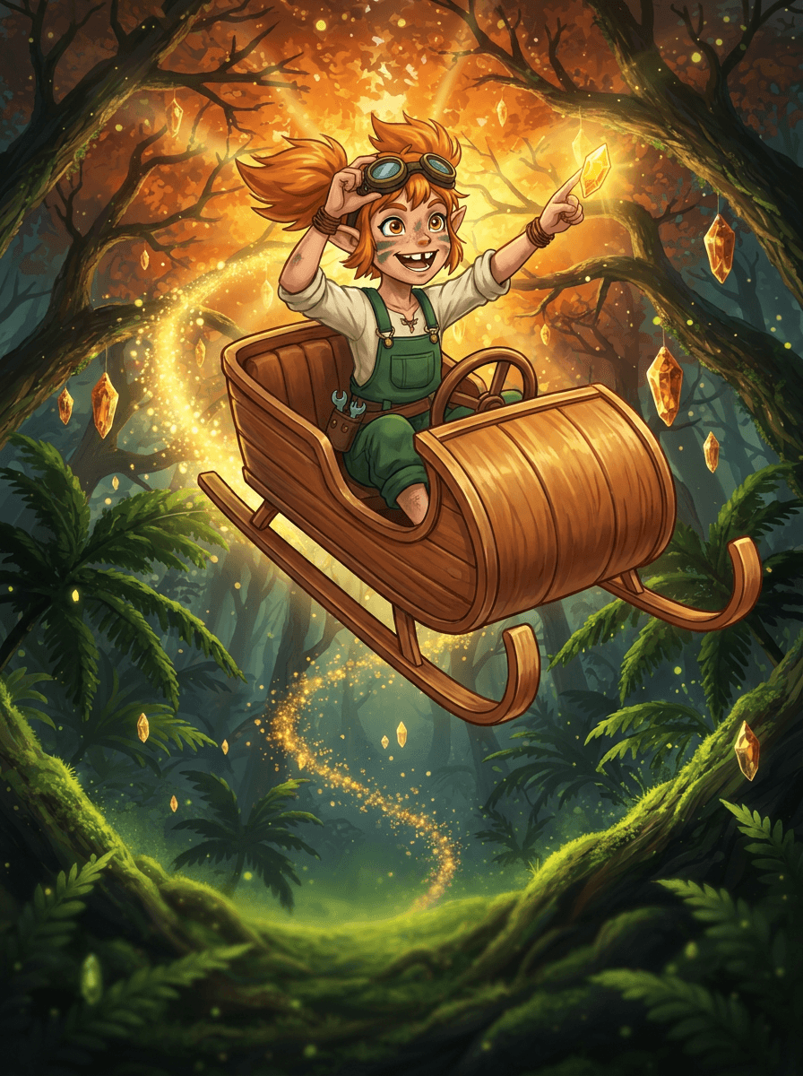 A inventora Spark no seu trenó solar voador sobre a floresta.