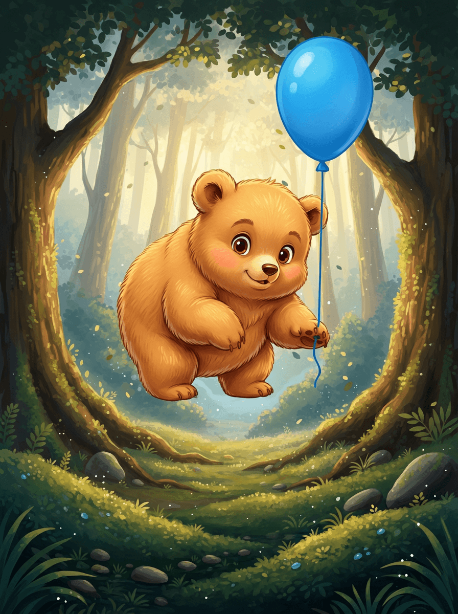 Malý huňatý medvídek Brtník drží v lese na provázku modrý balonek.