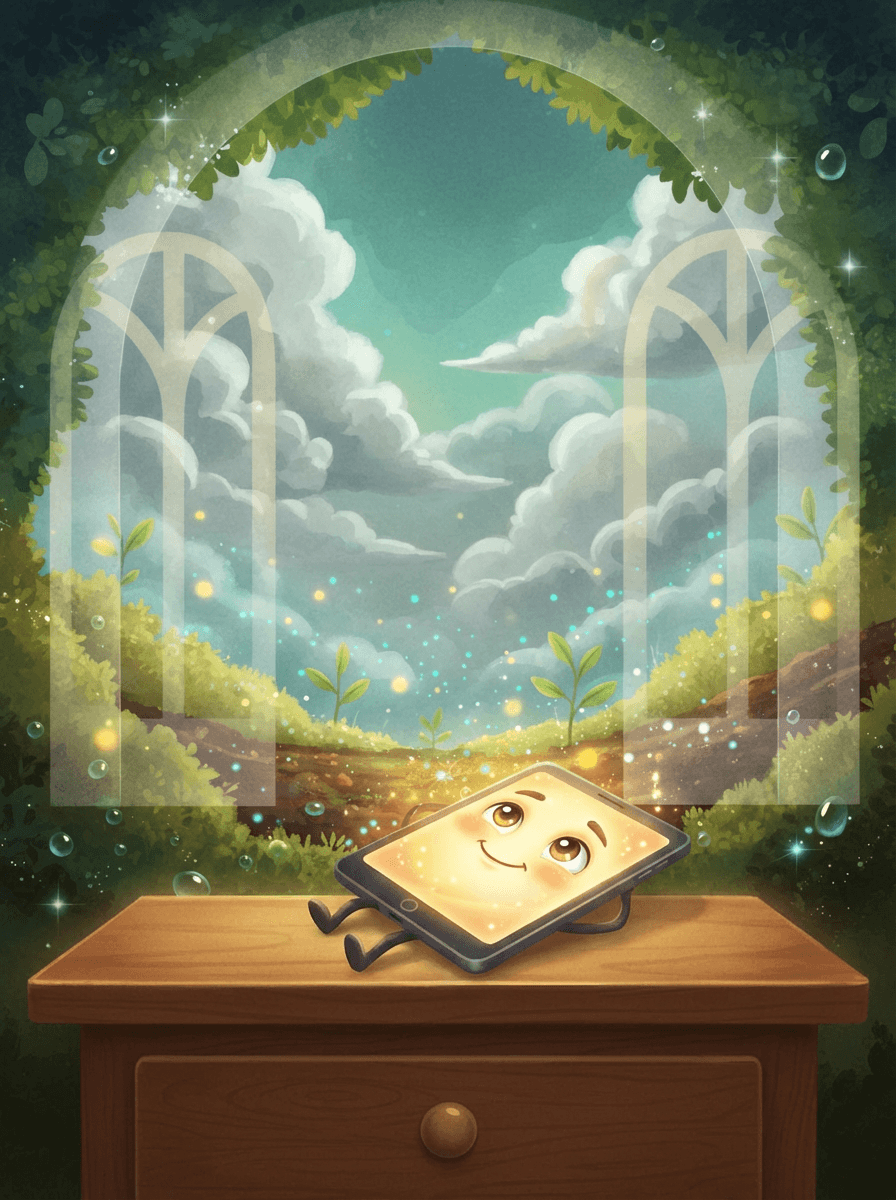 Chlapec Kvído sleduje svítící mluvící tablet uprostřed bujné zelené přírody.