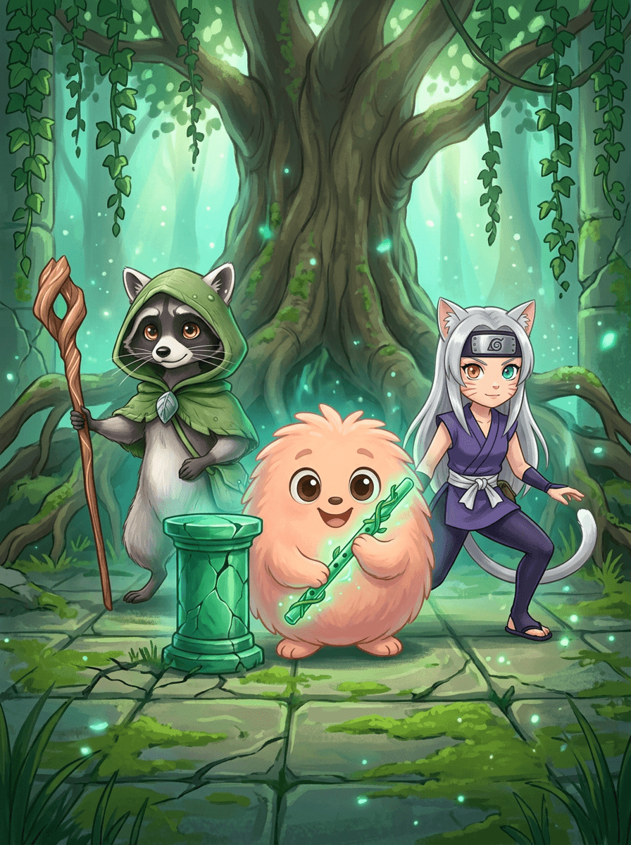 Raccoon met masker en staf voor de mosbegroeide Smaragdgroene Tempel.