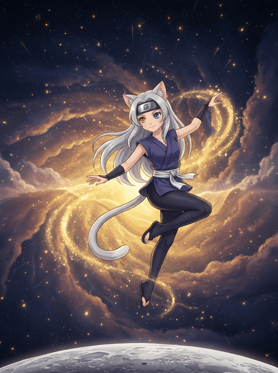 Кошка-ниндзя Shiki с разноцветными глазами на фоне сверкающей космической пещеры.