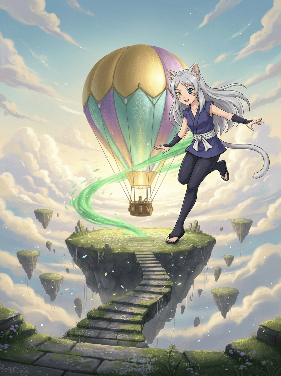 Shiki la ninja-chat pilote sa montgolfière magique dans un ciel nuageux.