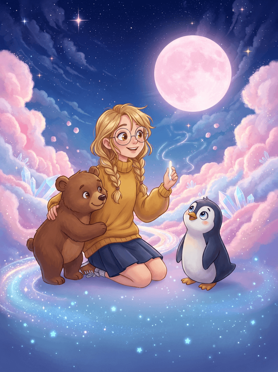 La piccola Ema e i peluche Barnaby e Pip tra le nuvole.