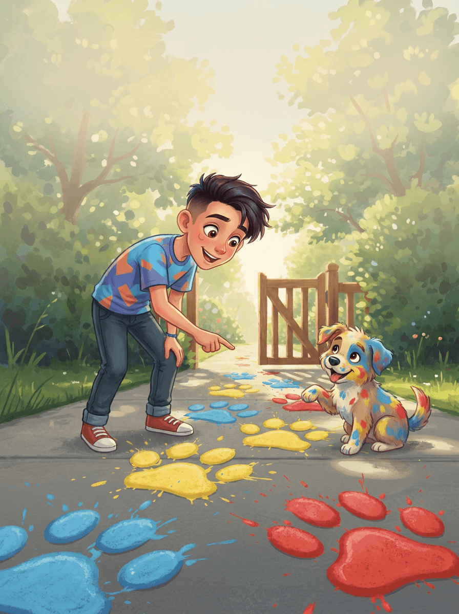 Le petit Echo suit des empreintes colorées avec son chien Painter-Pup.