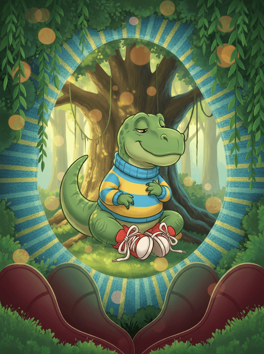 Rex the T-Rex in a striped sweater walking through Whispering Woods.