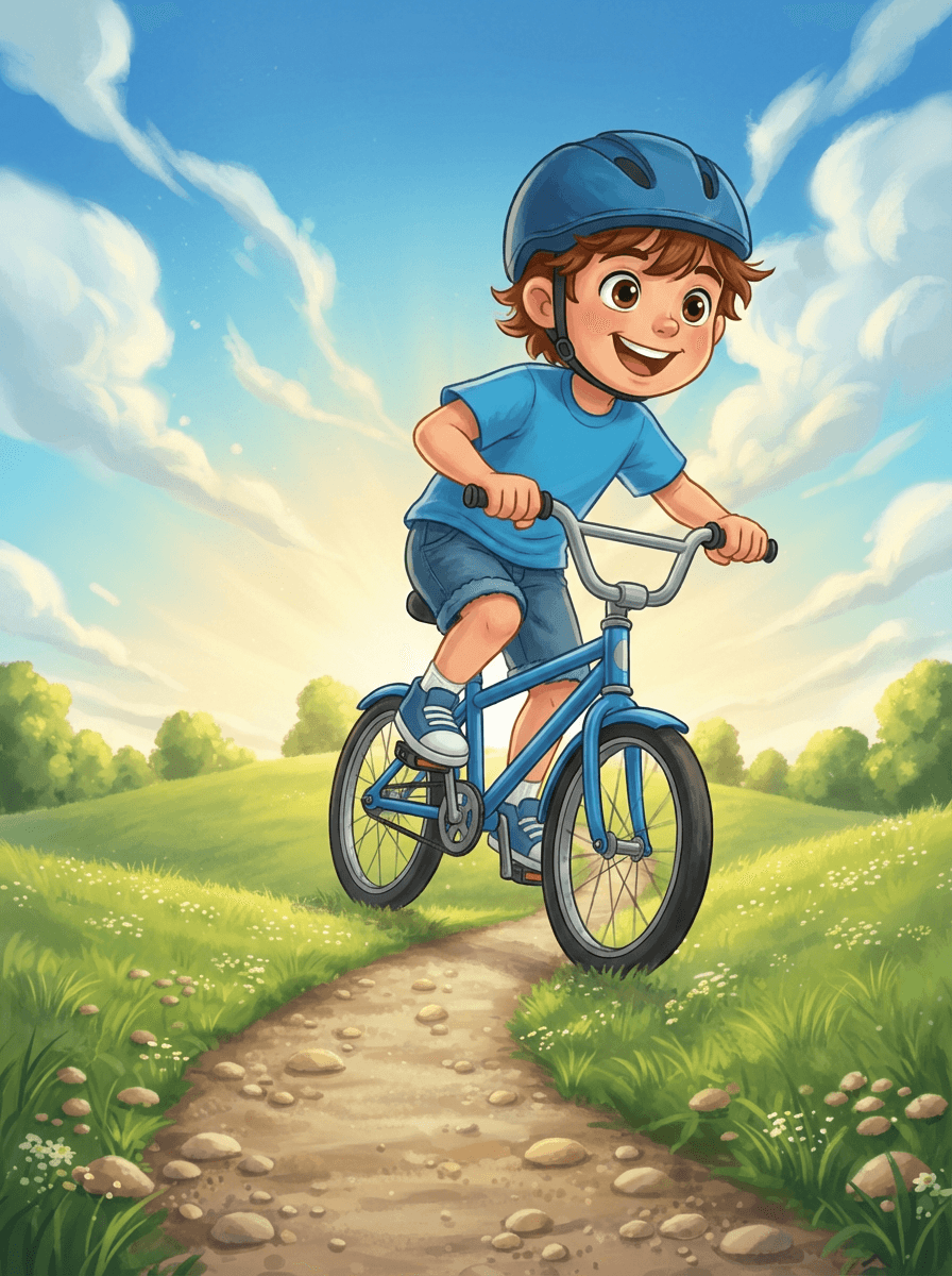 Malý Daneček s modrou helmou jede na kole ke vzdálenému kopci.