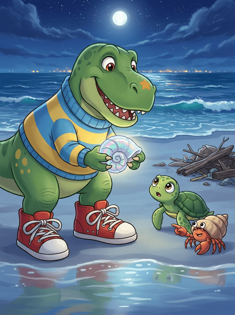 Dinosaurus Rex v pruhovanom svetri a teniskách hľadá poklady na pláži.
