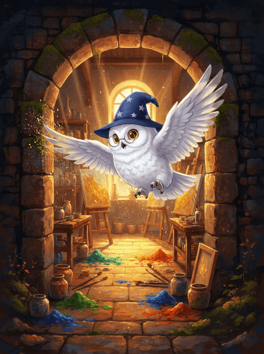 Luna the scholarly owl in a wizard hat visits Leonardo's golden studio.