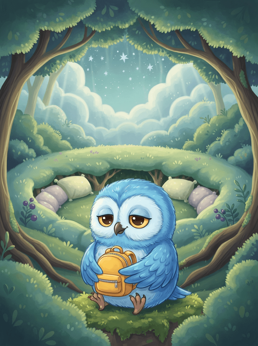Barnaby the blue owl stands in the Velvet Forest with his backpack.