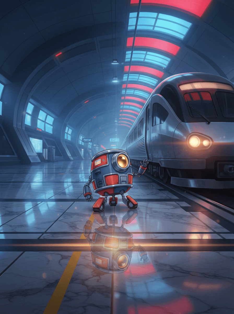 Robotje Beep bij de grote trein in het Station van Morgen.