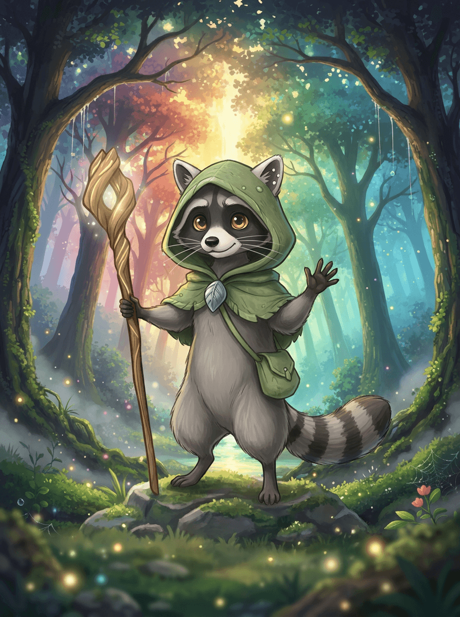 Mýval Raccoon se svítící holí v šedivém lese hledá ztracené barvy.