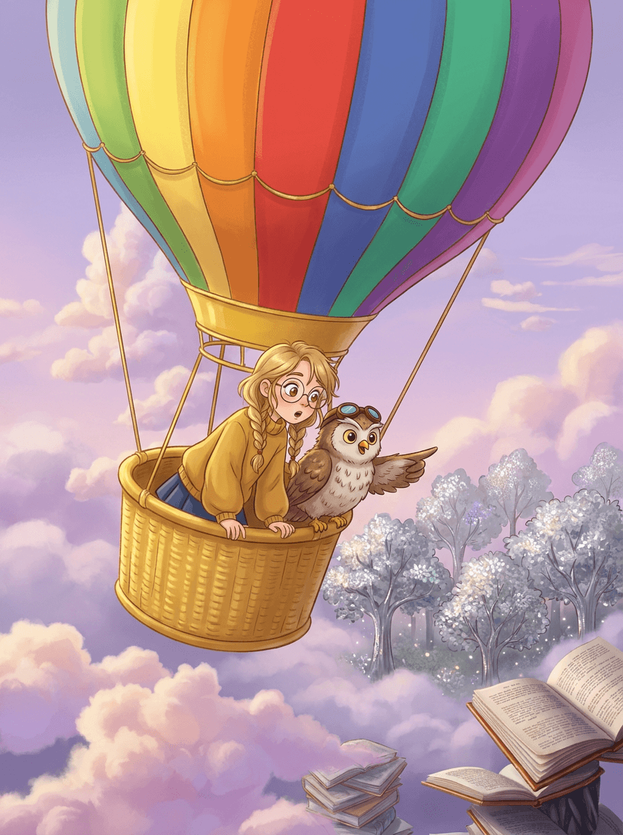 Ema and Captain Hoot the owl flying a rainbow hot air balloon.