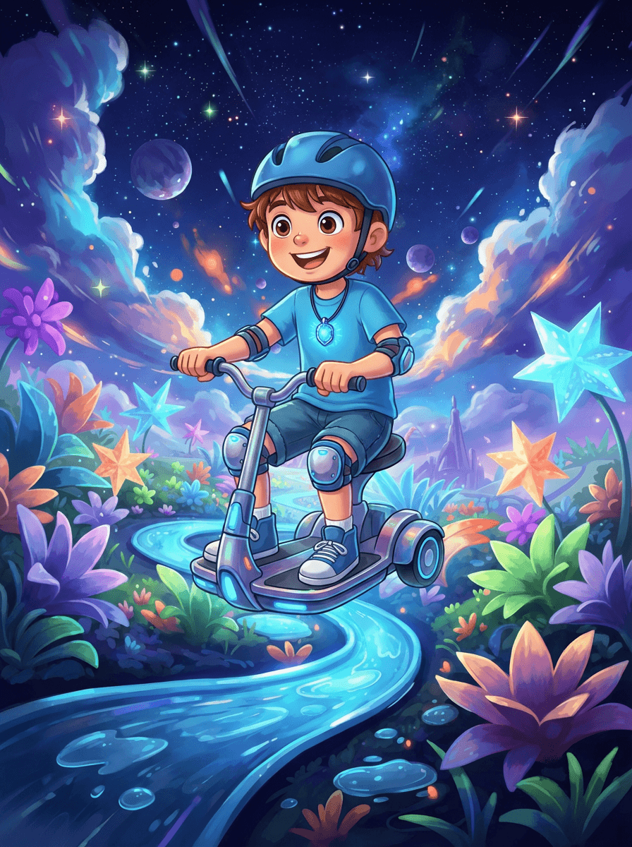 Daneček v modré helmě stojí u vesmírného vznášedla na neonové planetě.