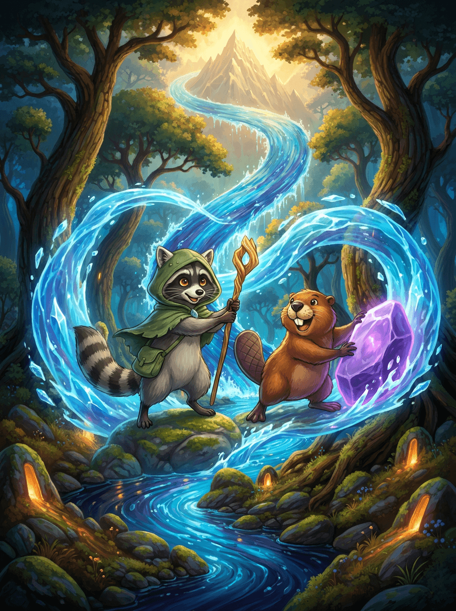 Raccoon con capucha verde y bastón junto a Castor frente al río.