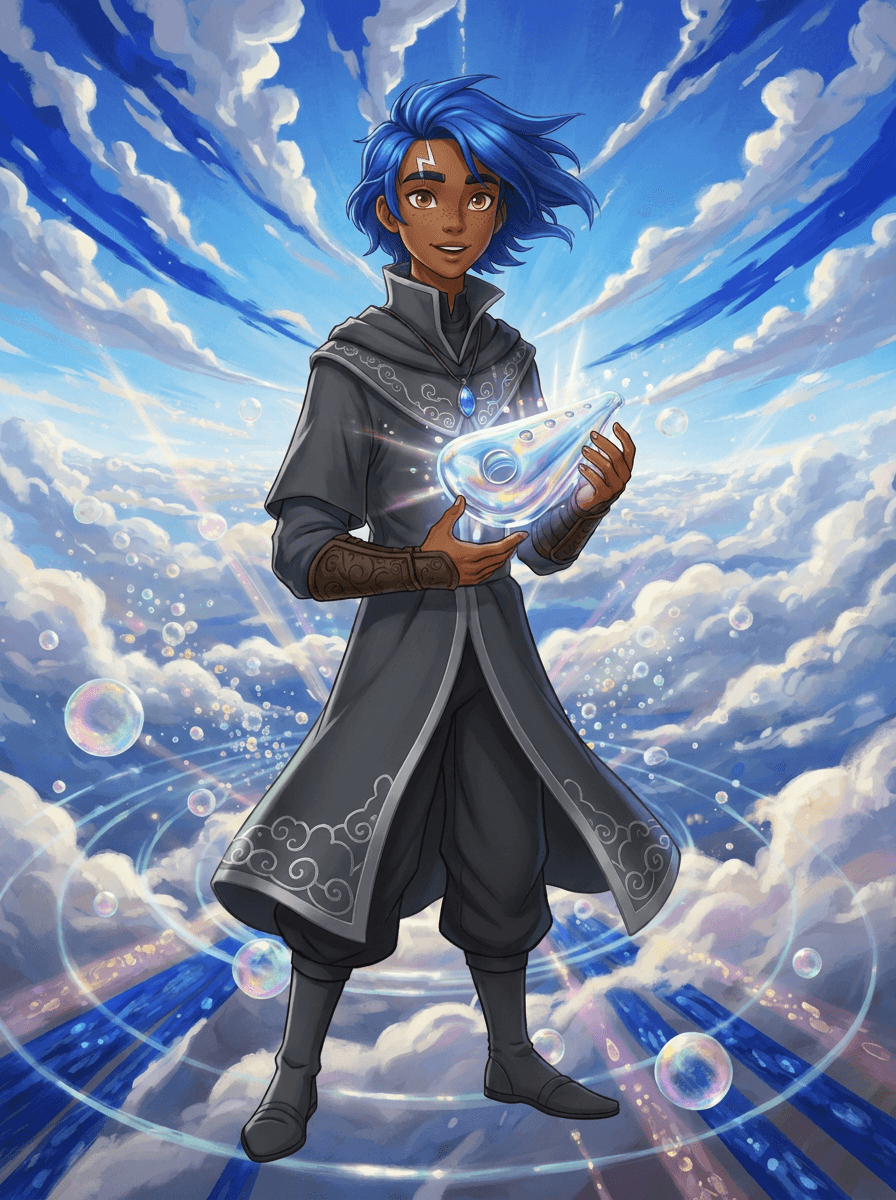 Der junge Zauberer Ryu hält die gläserne Okarina in der Wolkenstadt Aethelgard.