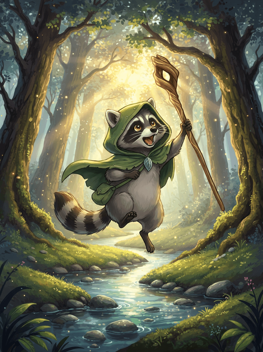 Raccoon a mosómedve köpenyben áll a varázslatos Ezüstös Erdőben botjával.