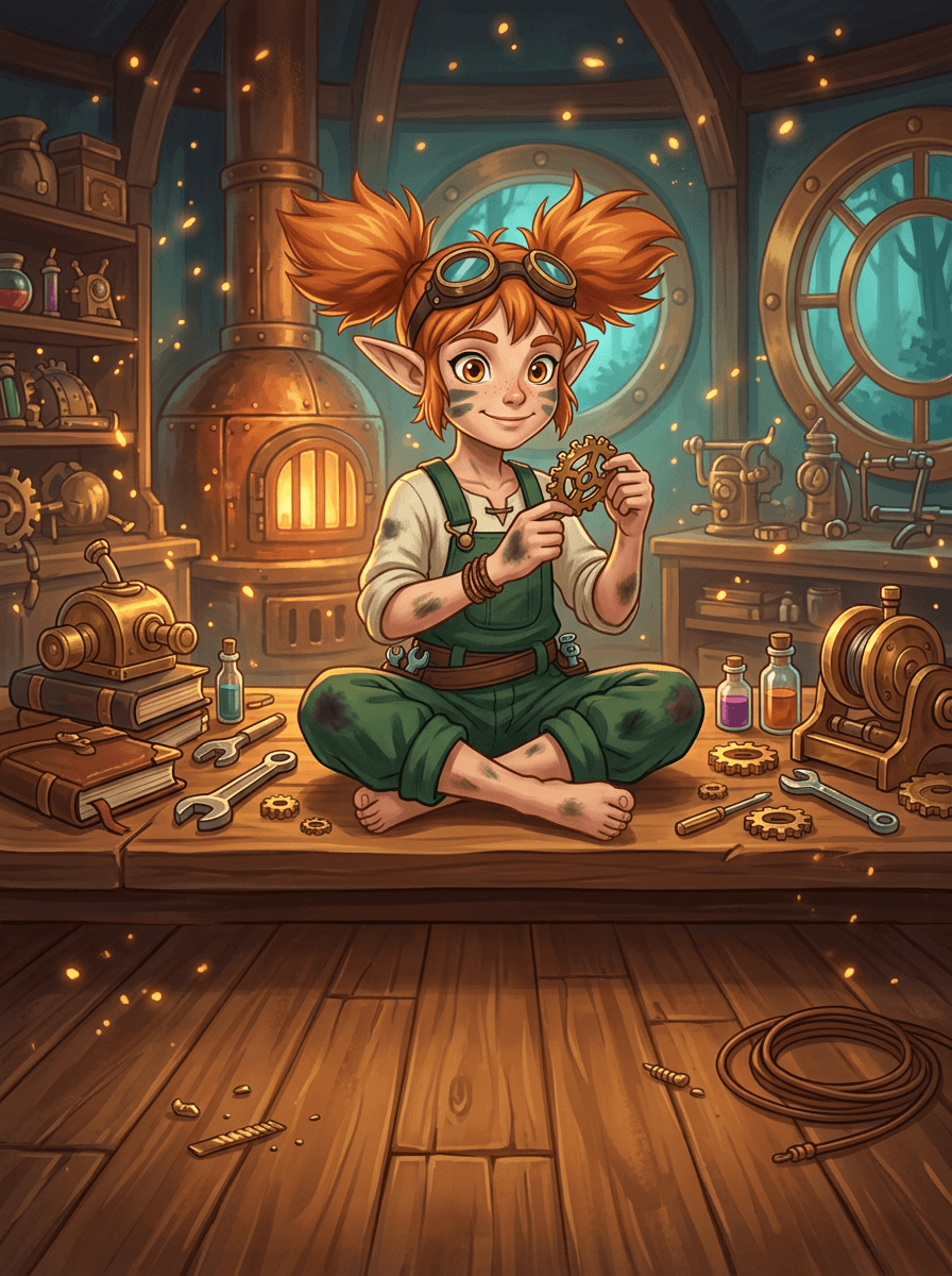 Elfka Spark oddychuje vo svojej útulnej dielni po celodennom majstrovaní.