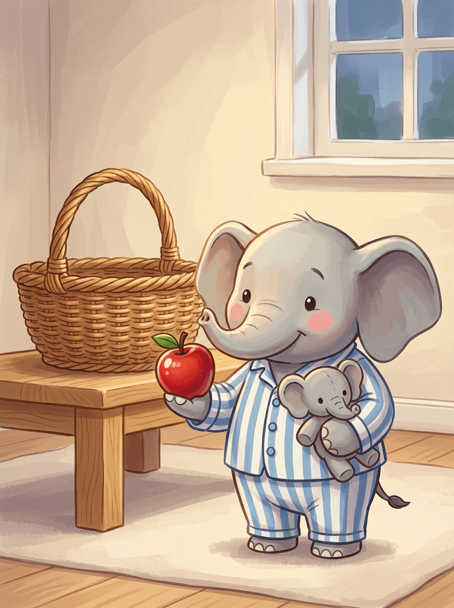Le petit éléphant Oto en pyjama rayé devant son panier de fruits.