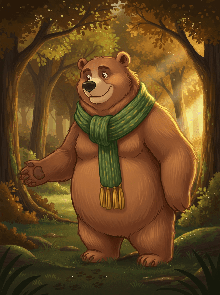 L'ours Bramble portant son écharpe colorée sur un terrain de football.