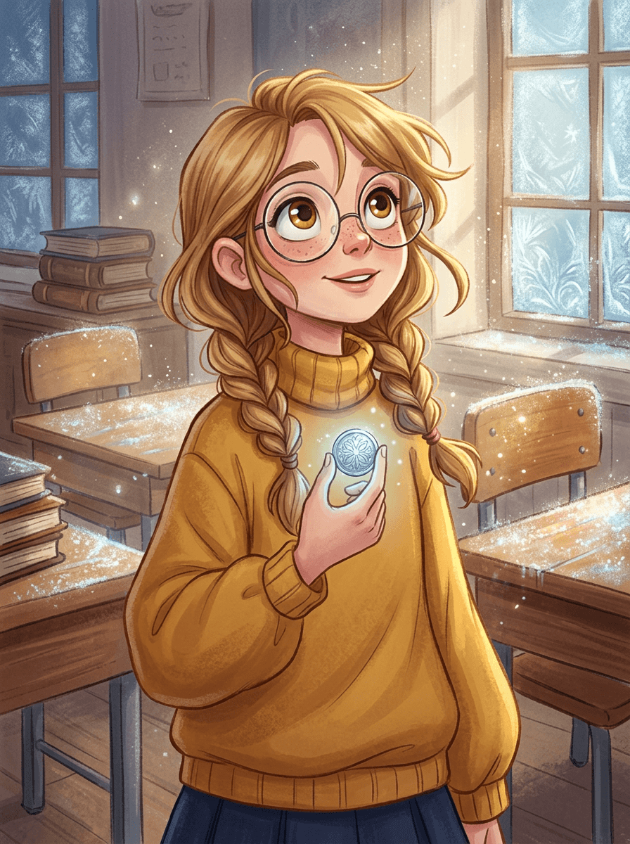 Ema wearing a yellow sweater holds a glowing silver button in class.