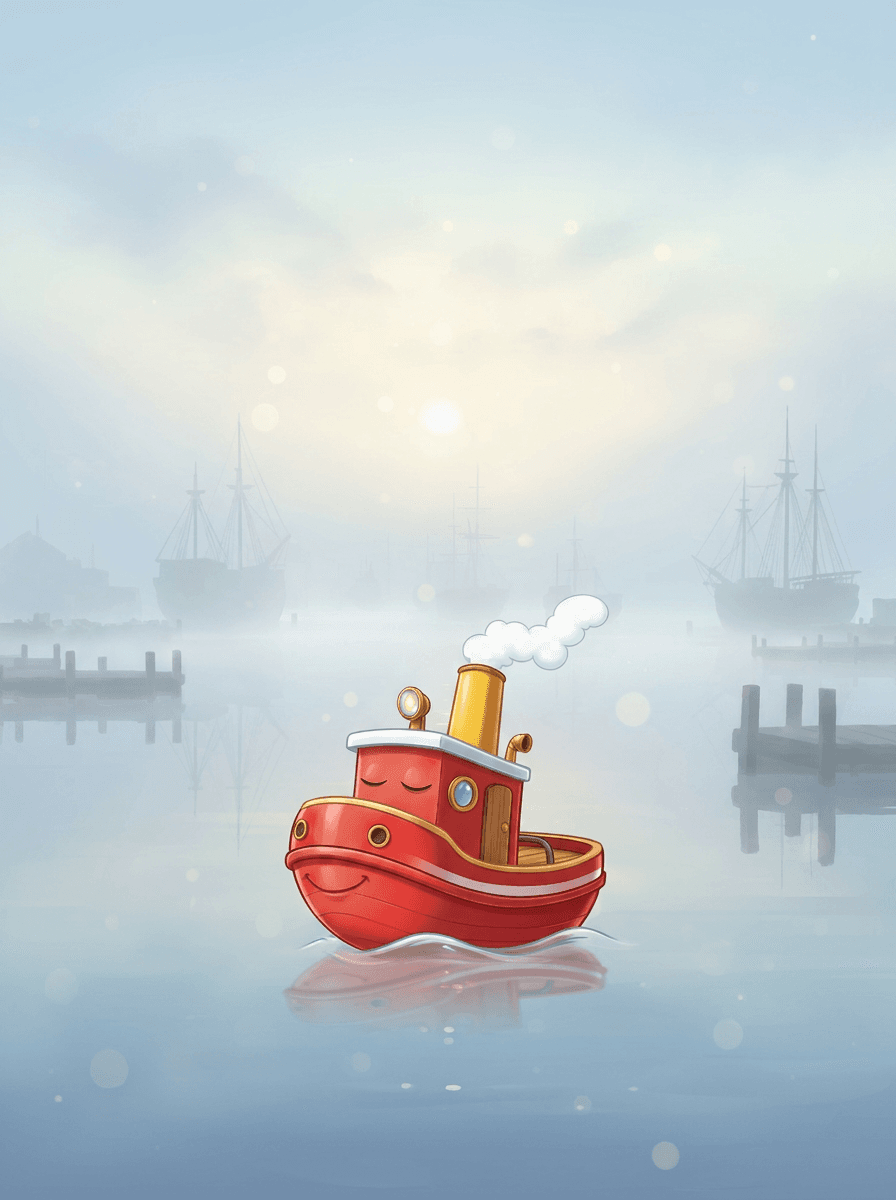 Barnaby the small red tugboat smiles calmly amidst a thick white mist.