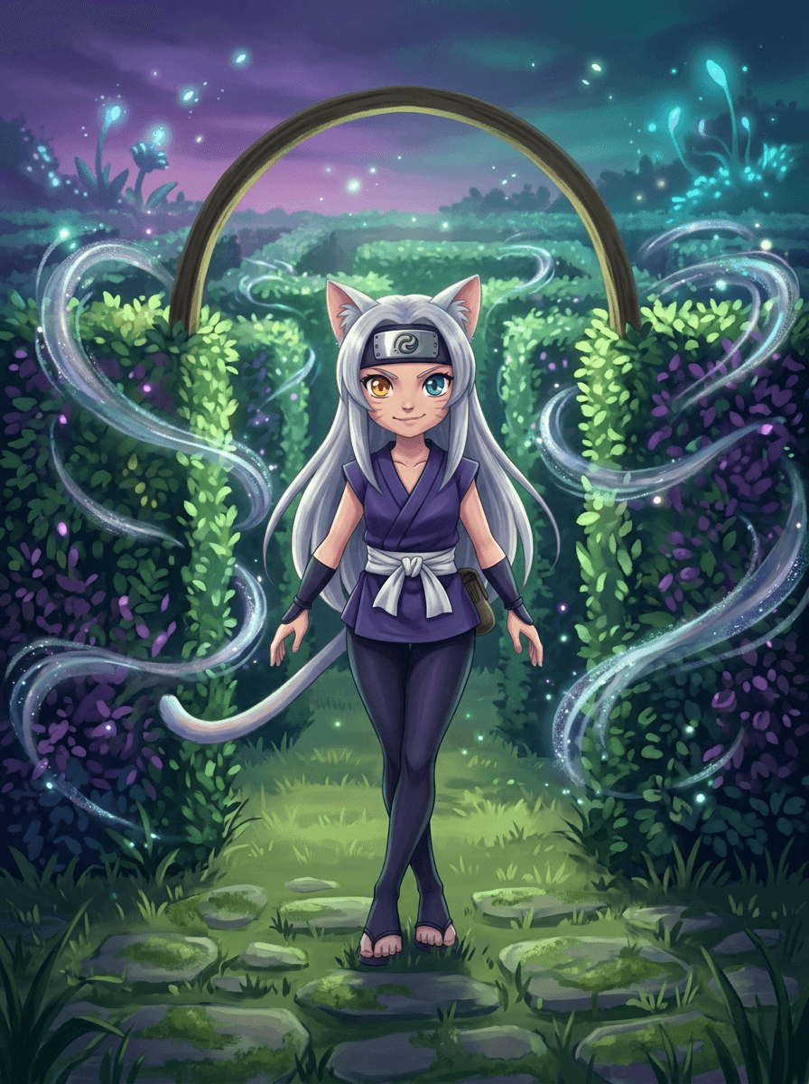 A brave ninja cat in a purple tunic explores a shifting hedge.