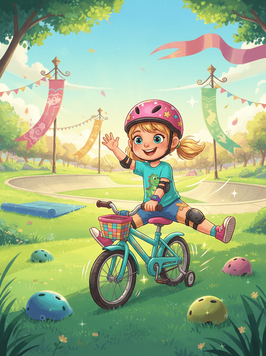 Malá Laurinka s culíky a růžovou helmou předvádí gymnastické prvky na kole.